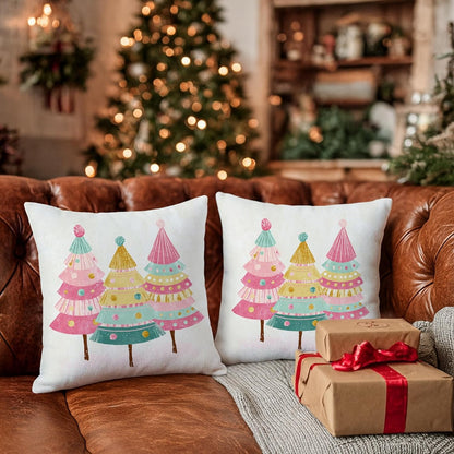 Christmas Tree Throw Pillow Covers Set of 2, Festive Fanciful Candy Ornament Xmas Peach Soft Velvet Washable Couch Pillow Covers for Living Room Bedroom Loft Office Car Decor 12x12 Inch