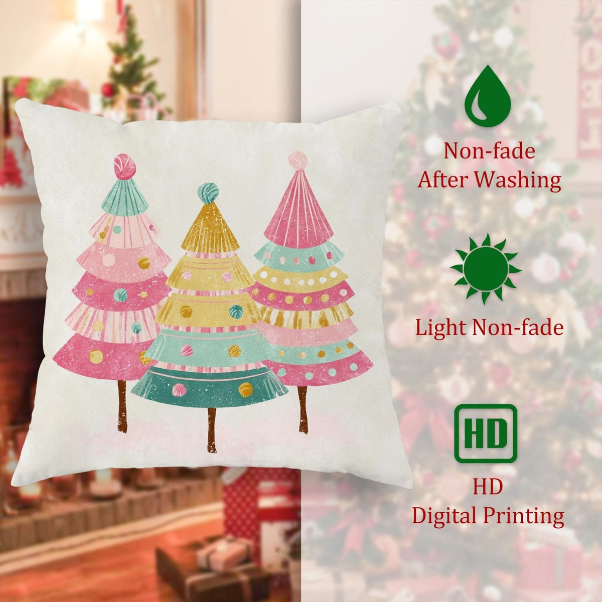 Christmas Tree Throw Pillow Covers Set of 2, Festive Fanciful Candy Ornament Xmas Peach Soft Velvet Washable Couch Pillow Covers for Living Room Bedroom Loft Office Car Decor 12x12 Inch