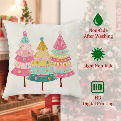 Christmas Tree Throw Pillow Covers Set of 2, Festive Fanciful Candy Ornament Xmas Peach Soft Velvet Washable Couch Pillow Covers for Living Room Bedroom Loft Office Car Decor 12x12 Inch