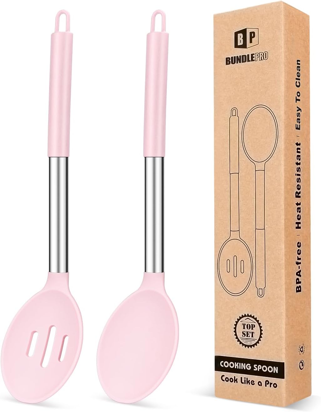 Silicone Cooking Spoons for Nonstick Cookware, 2 Pack, Pink