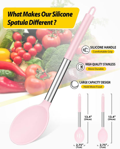 Silicone Cooking Spoons for Nonstick Cookware, 2 Pack, Pink