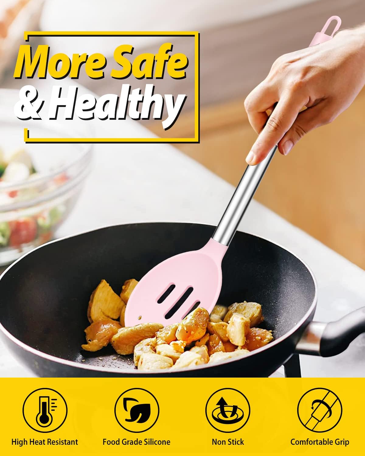 Silicone Cooking Spoons for Nonstick Cookware, 2 Pack, Pink