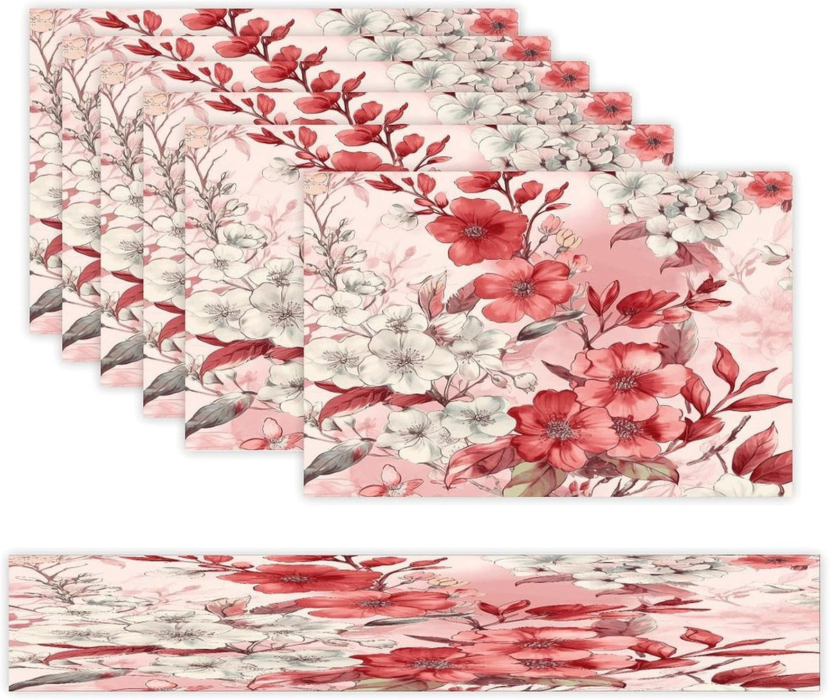 Peach Floral Pattern Placemats and Table Runner Set, Washable Linen Place Mats for Home Wedding Hotel Decoration (1 Table Runner and 6 Placemats)