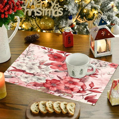 Peach Floral Pattern Placemats and Table Runner Set, Washable Linen Place Mats for Home Wedding Hotel Decoration (1 Table Runner and 6 Placemats)