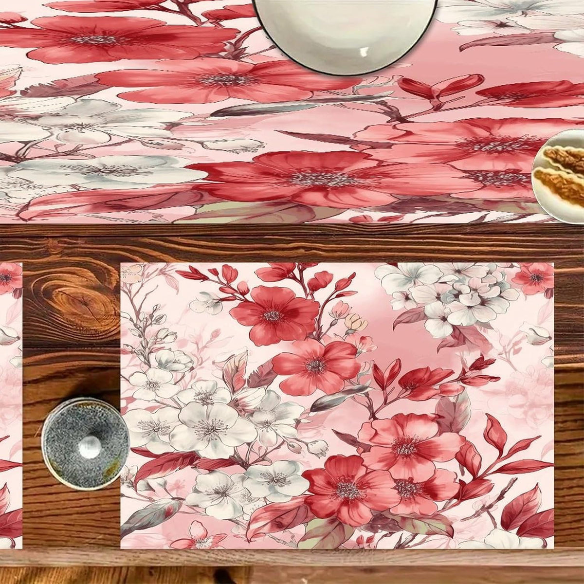 Peach Floral Pattern Placemats and Table Runner Set, Washable Linen Place Mats for Home Wedding Hotel Decoration (1 Table Runner and 6 Placemats)