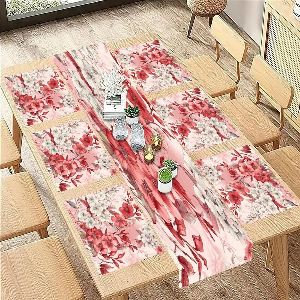 Peach Floral Pattern Placemats and Table Runner Set, Washable Linen Place Mats for Home Wedding Hotel Decoration (1 Table Runner and 6 Placemats)