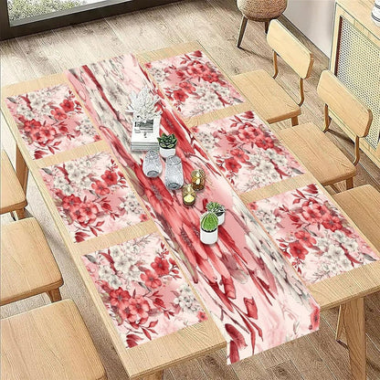 Peach Floral Pattern Placemats and Table Runner Set, Washable Linen Place Mats for Home Wedding Hotel Decoration (1 Table Runner and 6 Placemats)