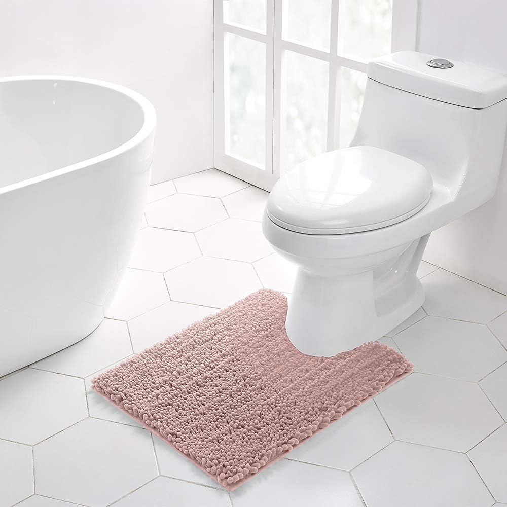 Bathroom Contour Rug Non Slip Toilet U Shaped Bath Mat (20x24, Dusty Pink) Water Absorbent Super Soft Shaggy Chenille Machine Washable Dry Extra Thick Perfect Absorbant Best Plush Carpet