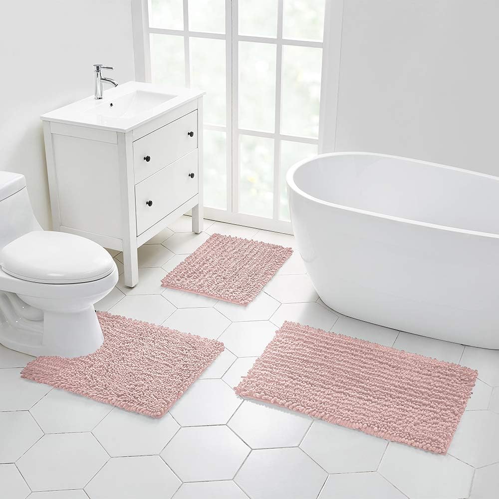 Bathroom Contour Rug Non Slip Toilet U Shaped Bath Mat (20x24, Dusty Pink) Water Absorbent Super Soft Shaggy Chenille Machine Washable Dry Extra Thick Perfect Absorbant Best Plush Carpet