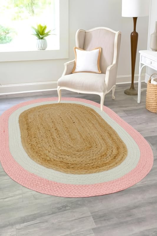 2.3x4 Ft Oval Pink and White & Natural Jute Area Rug, Natural Hand-Braided Jute Area Rug | Reversible & Durable | Boho Farmhouse Style Rug for Living Room, Dining Room, and Bedroom