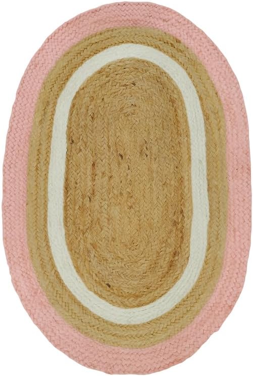 2.3x4 Ft Oval Pink and White & Natural Jute Area Rug, Natural Hand-Braided Jute Area Rug | Reversible & Durable | Boho Farmhouse Style Rug for Living Room, Dining Room, and Bedroom