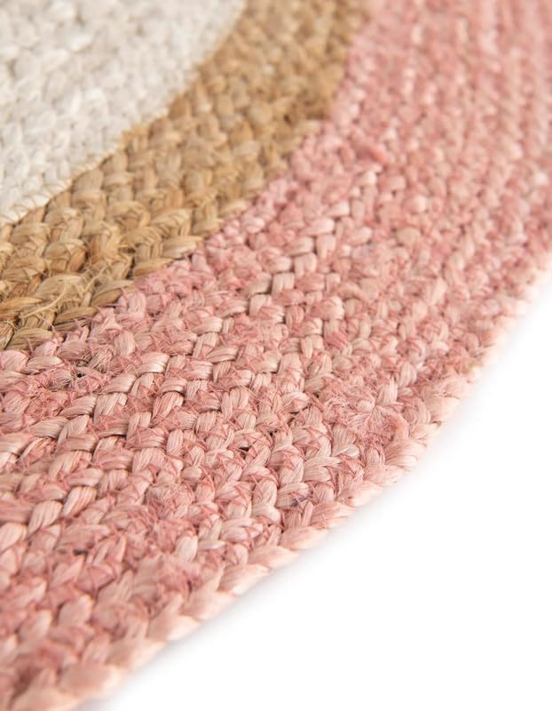 2.3x4 Ft Oval Pink and White & Natural Jute Area Rug, Natural Hand-Braided Jute Area Rug | Reversible & Durable | Boho Farmhouse Style Rug for Living Room, Dining Room, and Bedroom