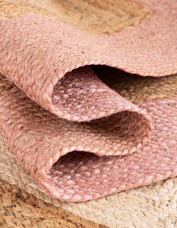 2.3x4 Ft Oval Pink and White & Natural Jute Area Rug, Natural Hand-Braided Jute Area Rug | Reversible & Durable | Boho Farmhouse Style Rug for Living Room, Dining Room, and Bedroom