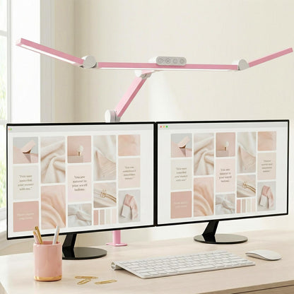 Architect Desk Lamp for Home Office, Pink Desk Lamp with Clamp for Working, 24W Bright Rotatable Led Table Light Stepless Dimming Tempering Wide Computer Light for Crafting Puzzle Hobby