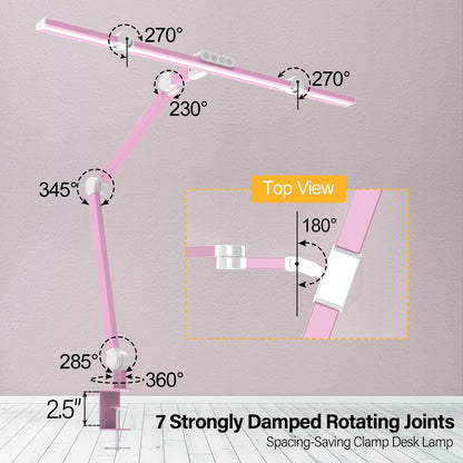 Architect Desk Lamp for Home Office, Pink Desk Lamp with Clamp for Working, 24W Bright Rotatable Led Table Light Stepless Dimming Tempering Wide Computer Light for Crafting Puzzle Hobby