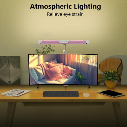 Architect Desk Lamp for Home Office, Pink Desk Lamp with Clamp for Working, 24W Bright Rotatable Led Table Light Stepless Dimming Tempering Wide Computer Light for Crafting Puzzle Hobby