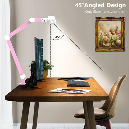Architect Desk Lamp for Home Office, Pink Desk Lamp with Clamp for Working, 24W Bright Rotatable Led Table Light Stepless Dimming Tempering Wide Computer Light for Crafting Puzzle Hobby