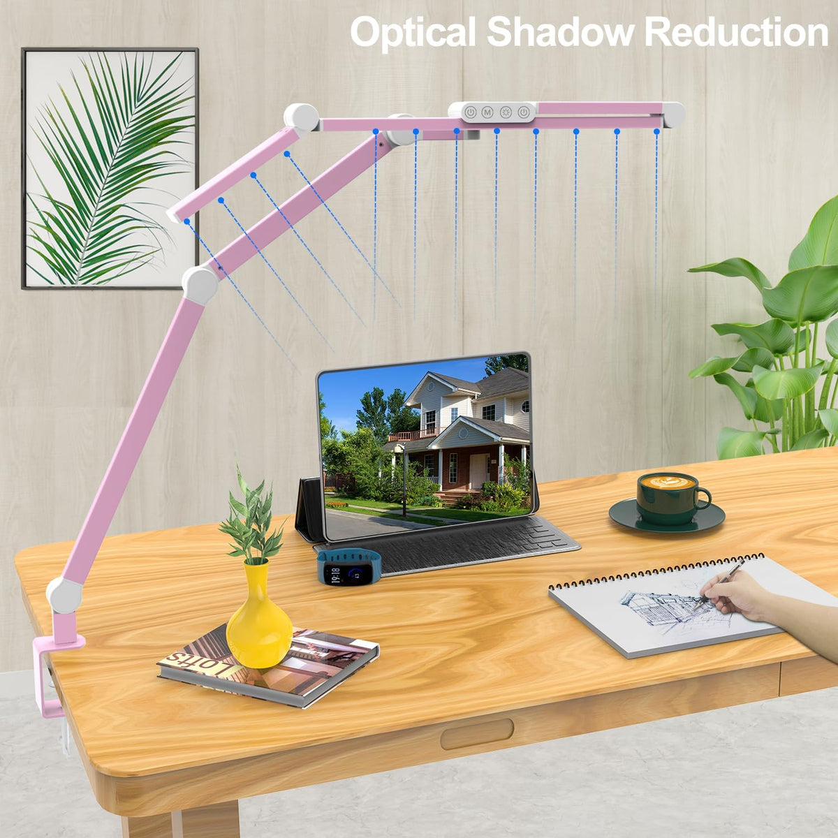 Architect Desk Lamp for Home Office, Pink Desk Lamp with Clamp for Working, 24W Bright Rotatable Led Table Light Stepless Dimming Tempering Wide Computer Light for Crafting Puzzle Hobby