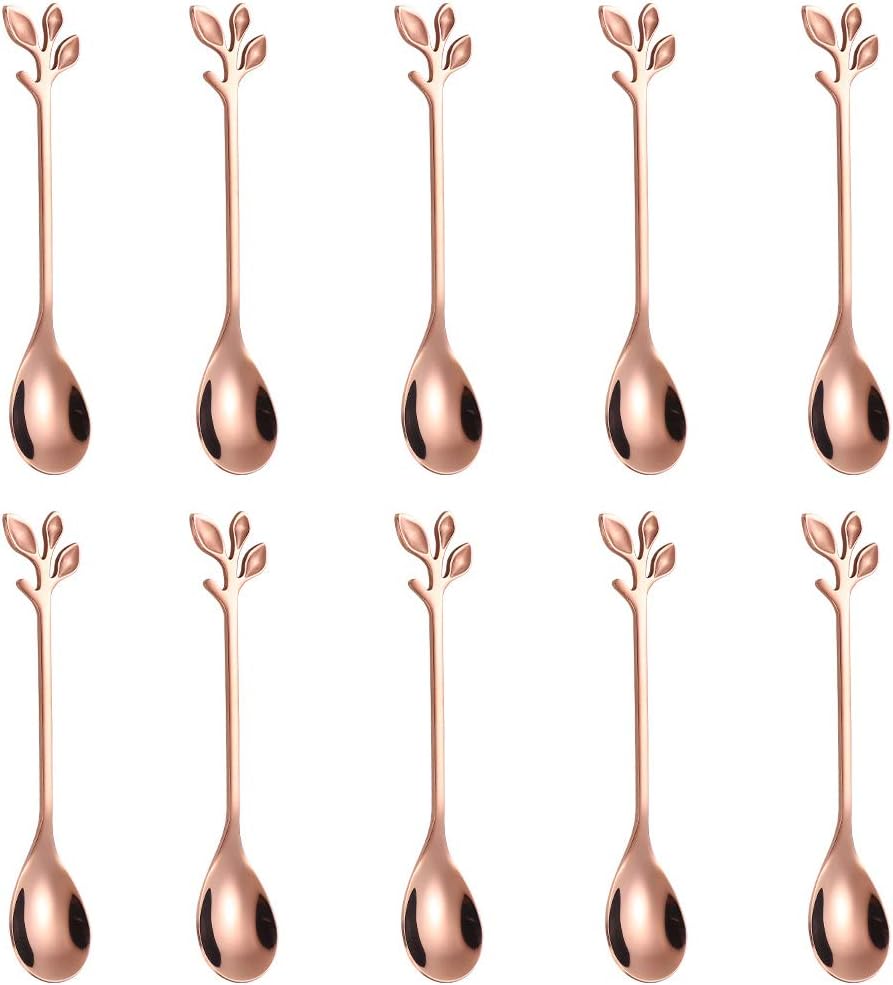Elegant Rose Gold Leaf Coffee Spoons - 10-Piece, 4.7" Mini Spoon