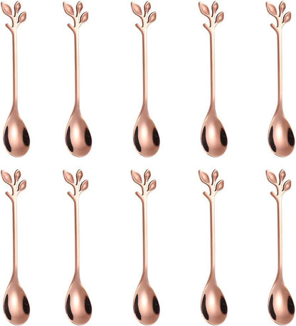 Elegant Rose Gold Leaf Coffee Spoons - 10-Piece, 4.7" Mini Spoon