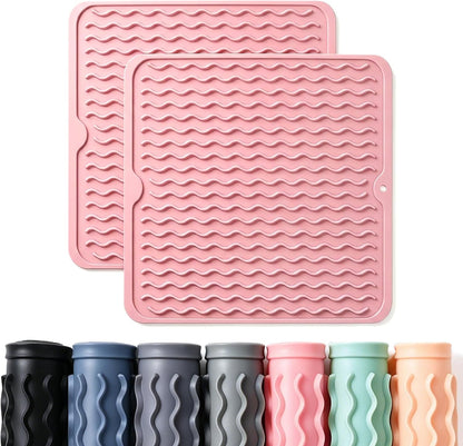 2 Pack Silicone Dish Drying Mat for Kitchen Counter Cooking Baking Liners Drawer Storage Refrigerator Espresso Machine Station Utensil Holder Washer Trivets Oven Grill Gifts 12"x12" Pink