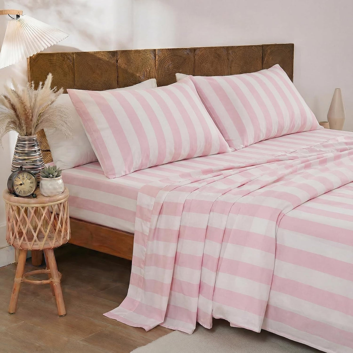 100% Cotton Sheet Set Queen Size - Pink and White Stripes Bedding, Soft Breathable Percale Weave, Wide Stripe Deep Pocket Sheet 17.5", Luxury Linen Like, 4-Piece All Season Bedding