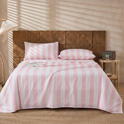 100% Cotton Sheet Set Queen Size - Pink and White Stripes Bedding, Soft Breathable Percale Weave, Wide Stripe Deep Pocket Sheet 17.5", Luxury Linen Like, 4-Piece All Season Bedding