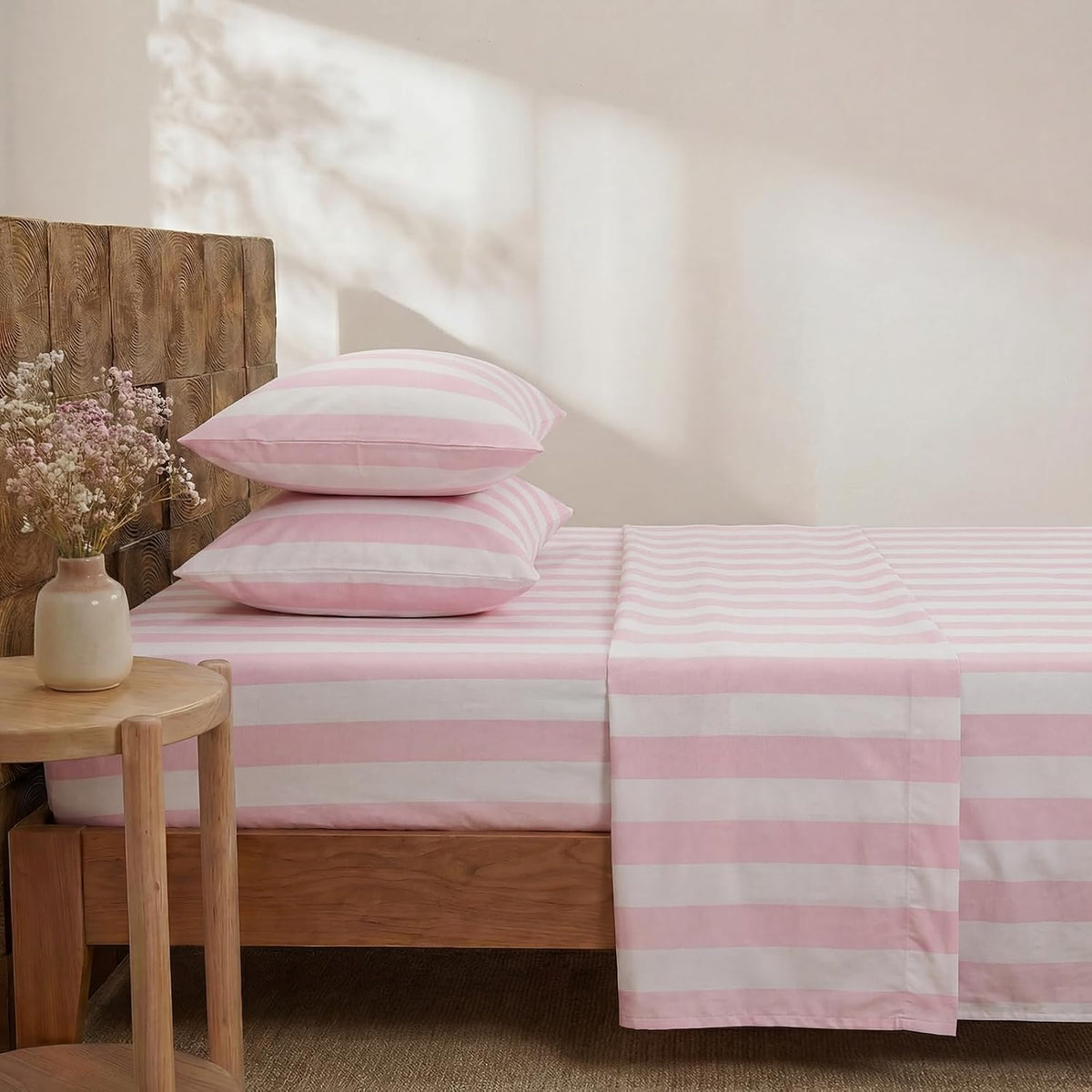 100% Cotton Sheet Set Queen Size - Pink and White Stripes Bedding, Soft Breathable Percale Weave, Wide Stripe Deep Pocket Sheet 17.5", Luxury Linen Like, 4-Piece All Season Bedding