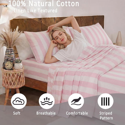 100% Cotton Sheet Set Queen Size - Pink and White Stripes Bedding, Soft Breathable Percale Weave, Wide Stripe Deep Pocket Sheet 17.5", Luxury Linen Like, 4-Piece All Season Bedding