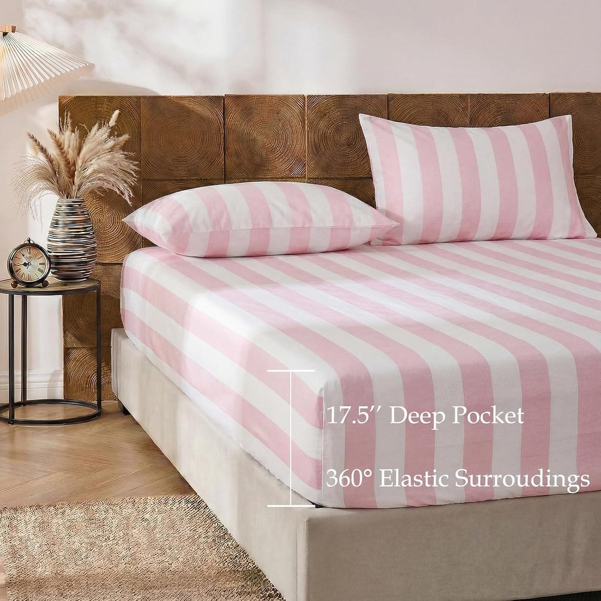 100% Cotton Sheet Set Queen Size - Pink and White Stripes Bedding, Soft Breathable Percale Weave, Wide Stripe Deep Pocket Sheet 17.5", Luxury Linen Like, 4-Piece All Season Bedding