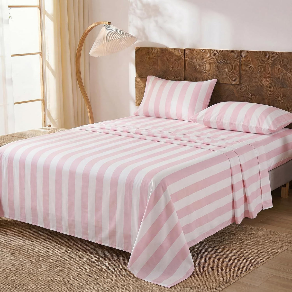 100% Cotton Sheet Set Queen Size - Pink and White Stripes Bedding, Soft Breathable Percale Weave, Wide Stripe Deep Pocket Sheet 17.5", Luxury Linen Like, 4-Piece All Season Bedding