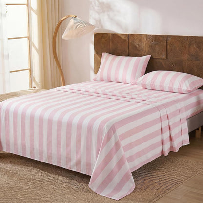 100% Cotton Sheet Set Queen Size - Pink and White Stripes Bedding, Soft Breathable Percale Weave, Wide Stripe Deep Pocket Sheet 17.5", Luxury Linen Like, 4-Piece All Season Bedding