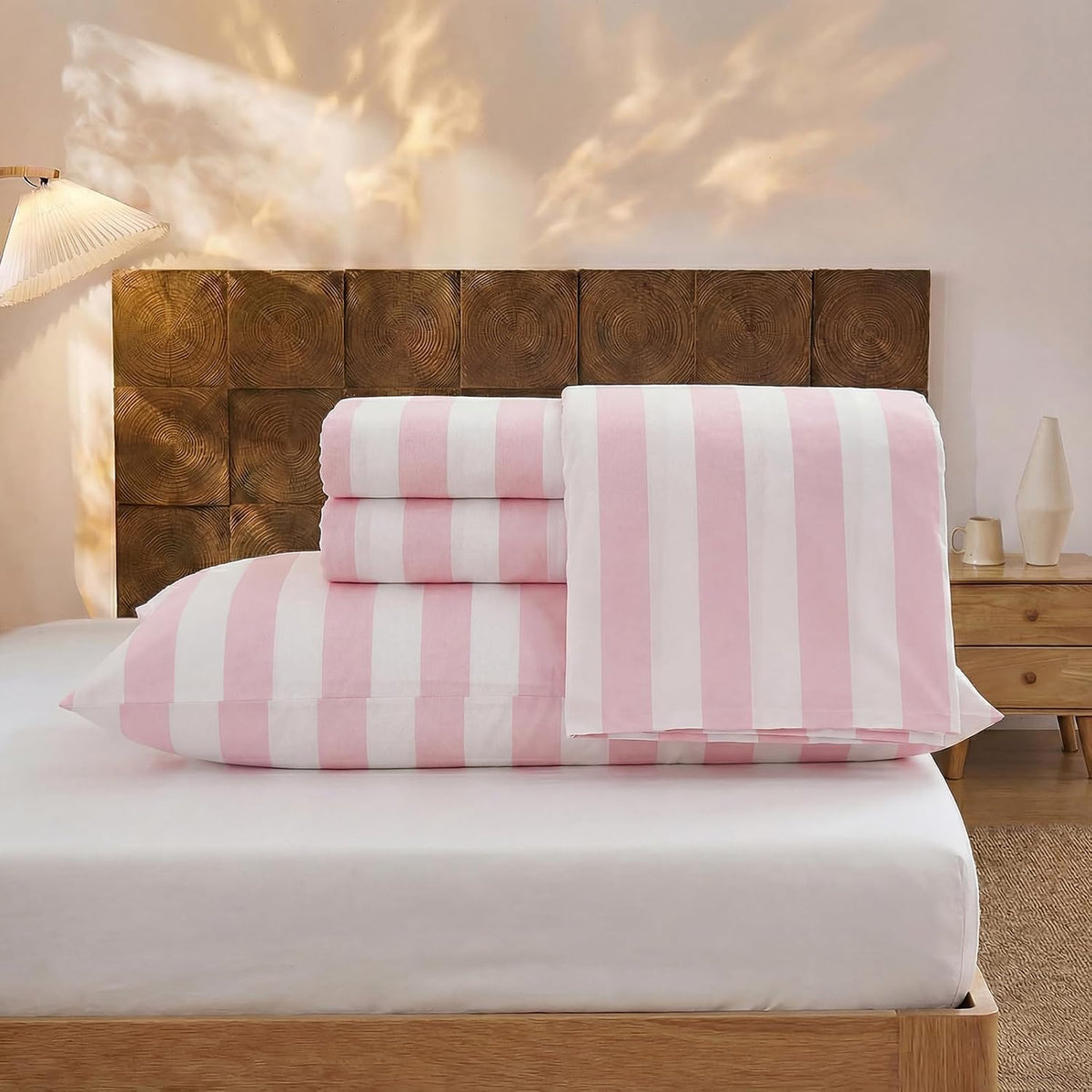 100% Cotton Sheet Set Queen Size - Pink and White Stripes Bedding, Soft Breathable Percale Weave, Wide Stripe Deep Pocket Sheet 17.5", Luxury Linen Like, 4-Piece All Season Bedding