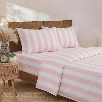 100% Cotton Sheet Set Queen Size - Pink and White Stripes Bedding, Soft Breathable Percale Weave, Wide Stripe Deep Pocket Sheet 17.5", Luxury Linen Like, 4-Piece All Season Bedding