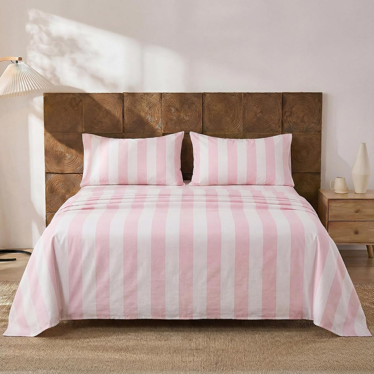 100% Cotton Sheet Set Queen Size - Pink and White Stripes Bedding, Soft Breathable Percale Weave, Wide Stripe Deep Pocket Sheet 17.5", Luxury Linen Like, 4-Piece All Season Bedding