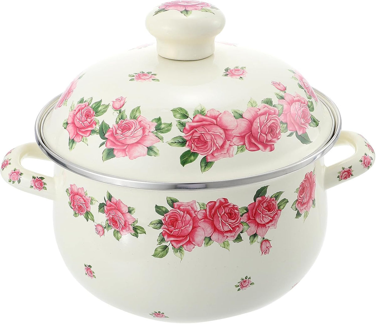 Enamel Stock Pot with Lid 20cm Pink Rose Pattern Double Handle Thickened Stew Pot for Stove Top Cooking
