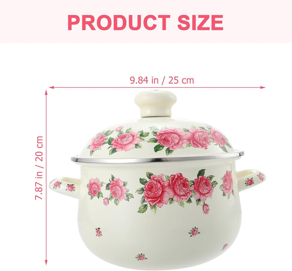 Enamel Stock Pot with Lid 20cm Pink Rose Pattern Double Handle Thickened Stew Pot for Stove Top Cooking