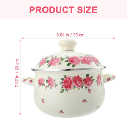 Enamel Stock Pot with Lid 20cm Pink Rose Pattern Double Handle Thickened Stew Pot for Stove Top Cooking