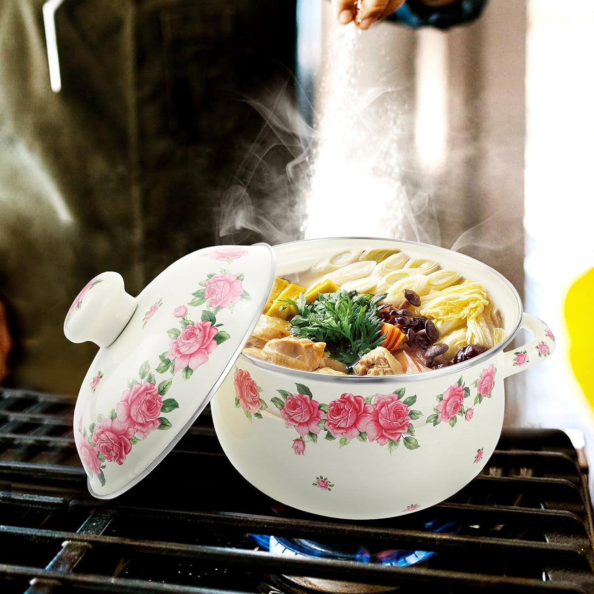 Enamel Stock Pot with Lid 20cm Pink Rose Pattern Double Handle Thickened Stew Pot for Stove Top Cooking