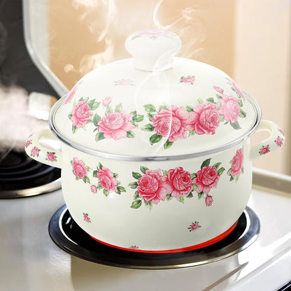 Enamel Stock Pot with Lid 20cm Pink Rose Pattern Double Handle Thickened Stew Pot for Stove Top Cooking