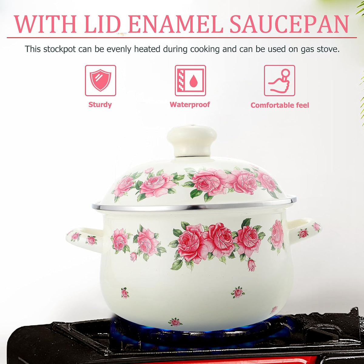 Enamel Stock Pot with Lid 20cm Pink Rose Pattern Double Handle Thickened Stew Pot for Stove Top Cooking