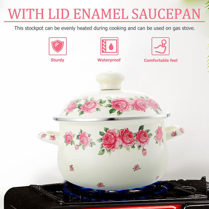 Enamel Stock Pot with Lid 20cm Pink Rose Pattern Double Handle Thickened Stew Pot for Stove Top Cooking