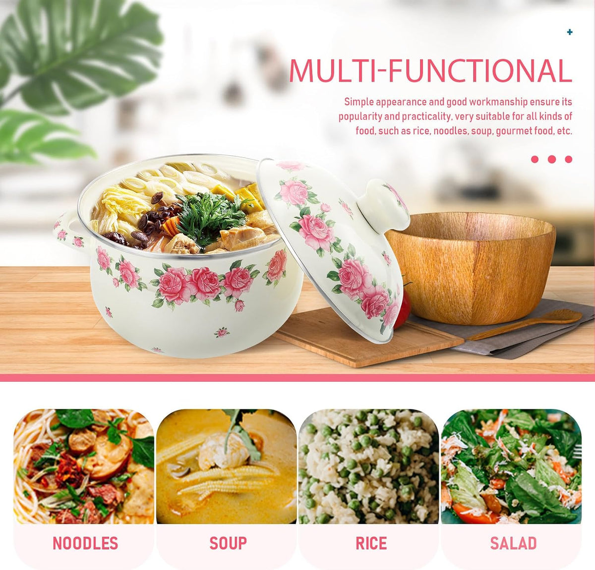 Enamel Stock Pot with Lid 20cm Pink Rose Pattern Double Handle Thickened Stew Pot for Stove Top Cooking