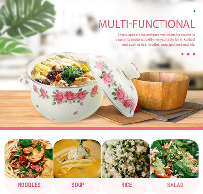 Enamel Stock Pot with Lid 20cm Pink Rose Pattern Double Handle Thickened Stew Pot for Stove Top Cooking