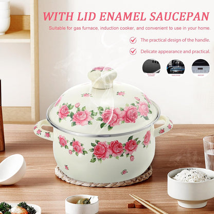 Enamel Stock Pot with Lid 20cm Pink Rose Pattern Double Handle Thickened Stew Pot for Stove Top Cooking