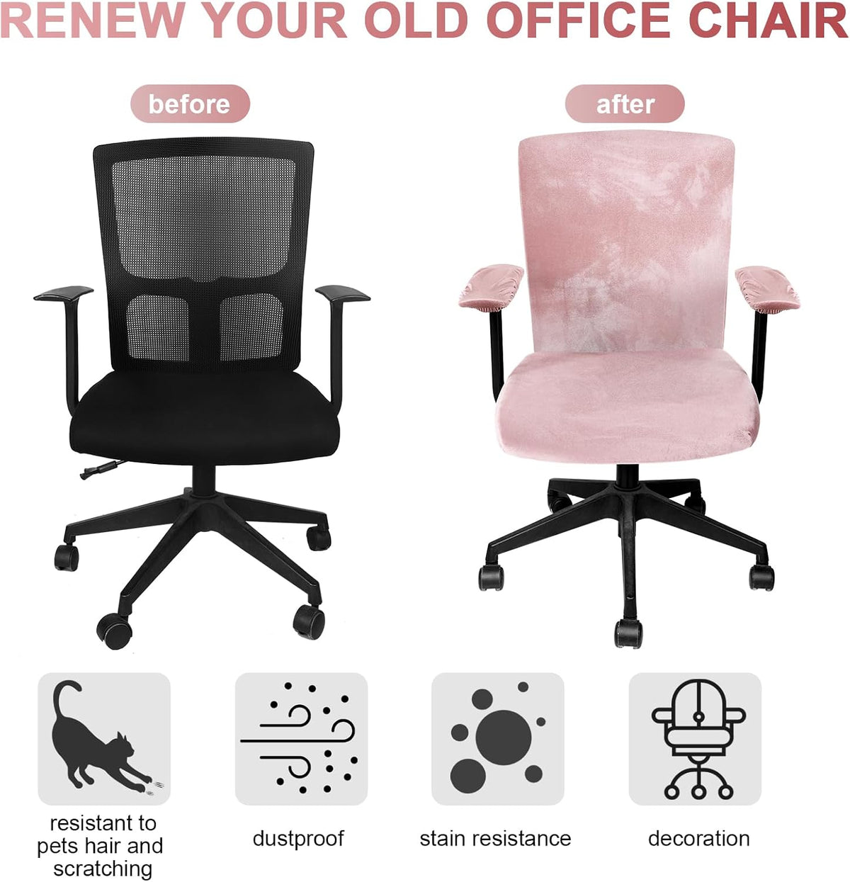 4 Pcs Office Chair Covers Set with Armrest, Stretchable,Light Pink