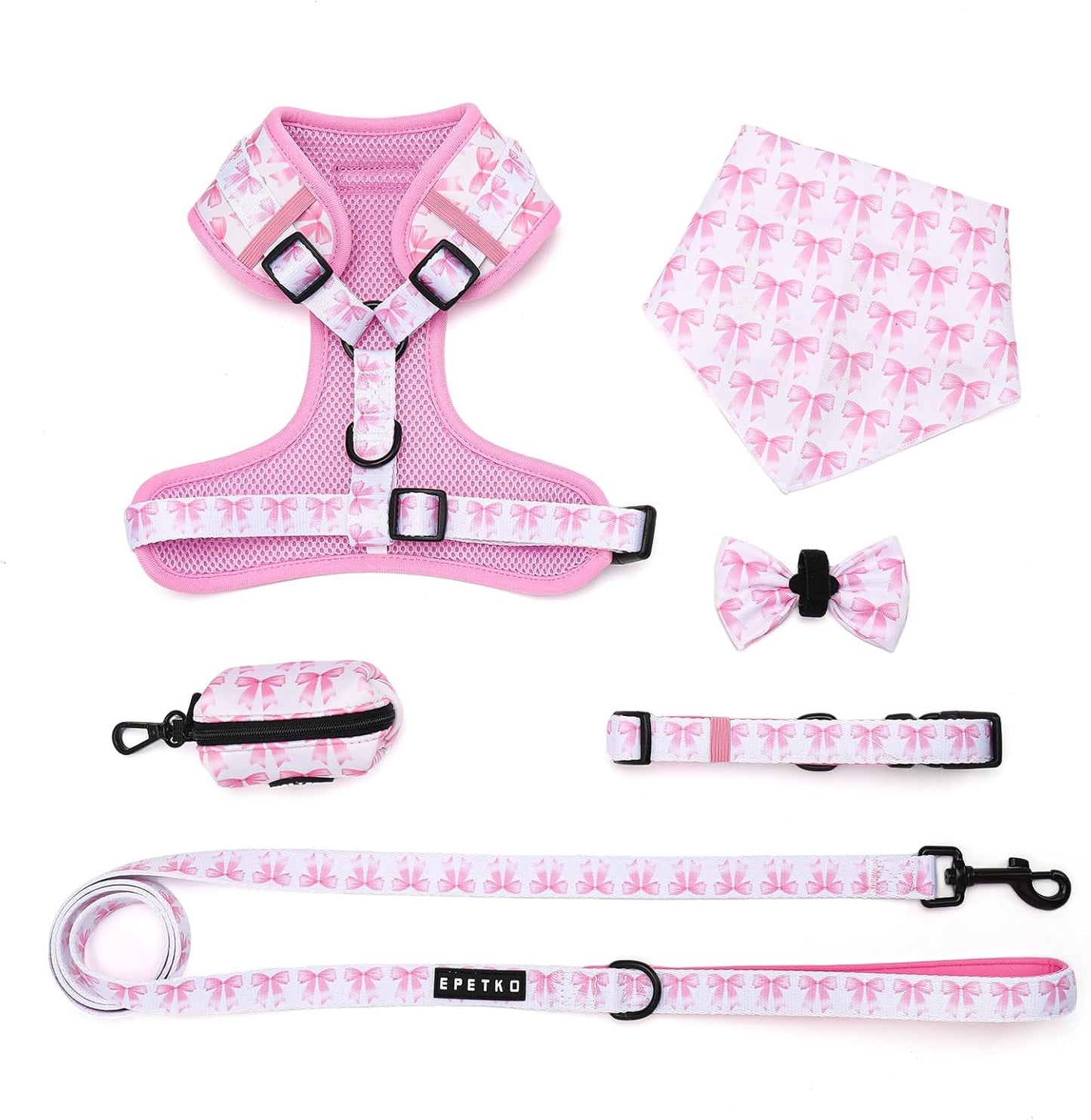 Small Dog Harness and Leash Set of 6, No Pull Soft Lightweight Mesh Puppy Harness, Adjustable Cute Floral Pattern Pet Harness for Small Medium Dogs (Pink Bow, M)