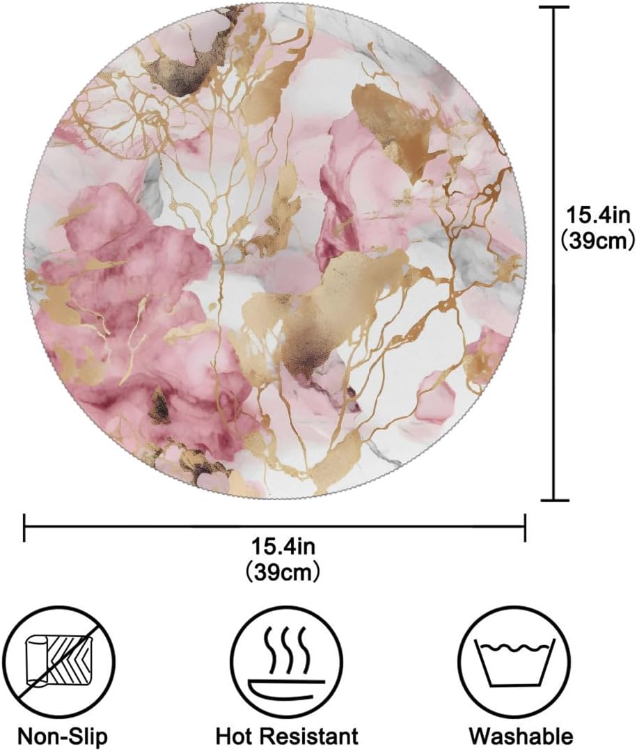 Round Placemats Set of 1, Pink Golden Marble Heat Resistant Washable Place Mats Table Mat for Kitchen Dining Party
