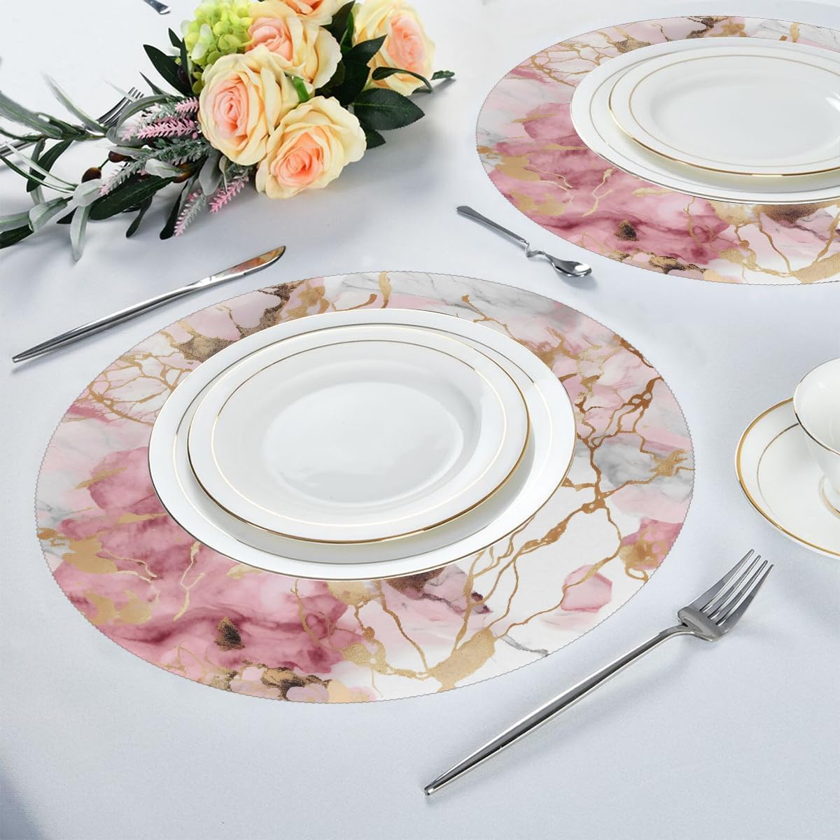Round Placemats Set of 1, Pink Golden Marble Heat Resistant Washable Place Mats Table Mat for Kitchen Dining Party