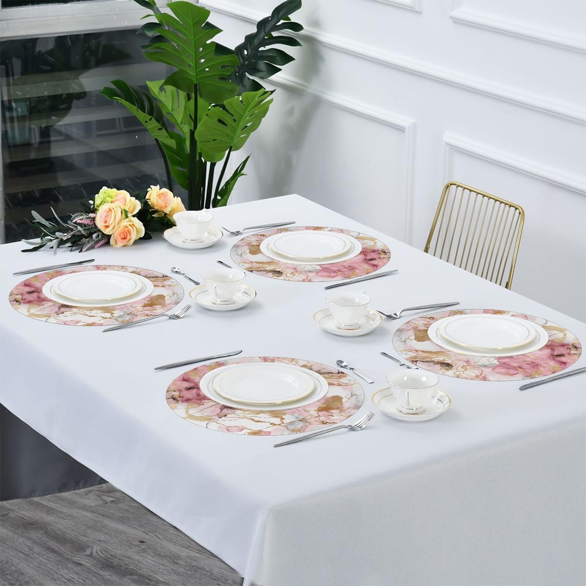 Round Placemats Set of 1, Pink Golden Marble Heat Resistant Washable Place Mats Table Mat for Kitchen Dining Party